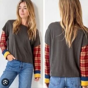 Natural Life Penny Layered Look Flannel  Sleeve Knit Top